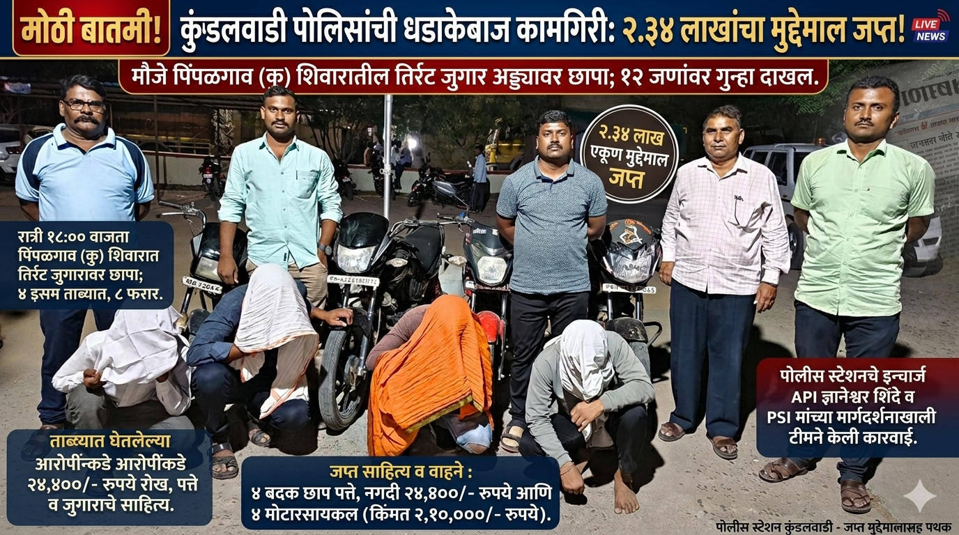 धडाकेबाज कारवाई! कुंडलवाडी पोलिसांचा जुगार अड्ड्यावर छापा; २.३४ लाखांच्या मुद्देमालासह १२ जणांवर गुन्हा दाखल