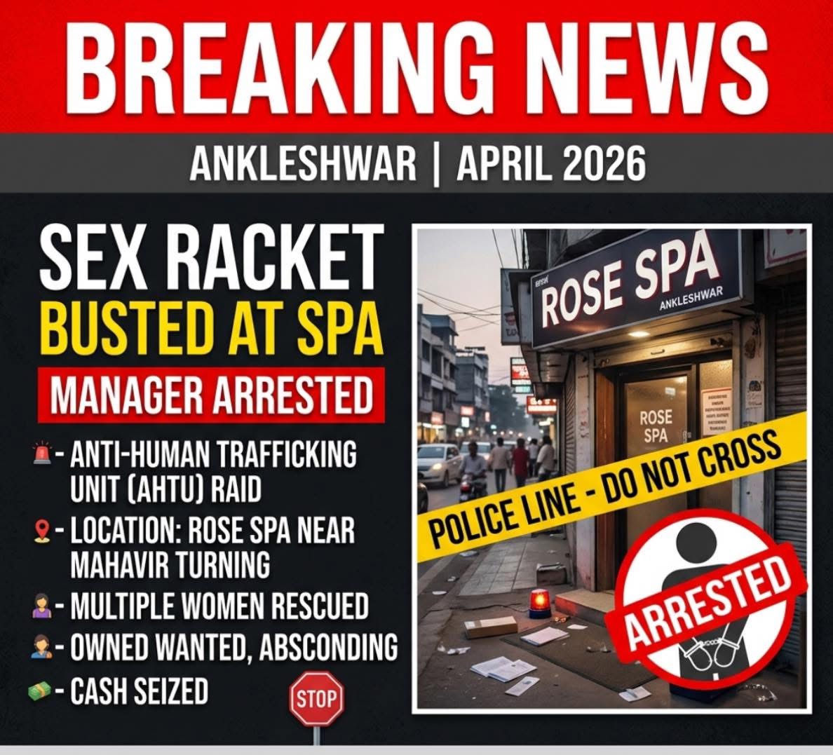 Ankleshwar Spa Raided by AHTU, Manager Arrested; Investigation Underway