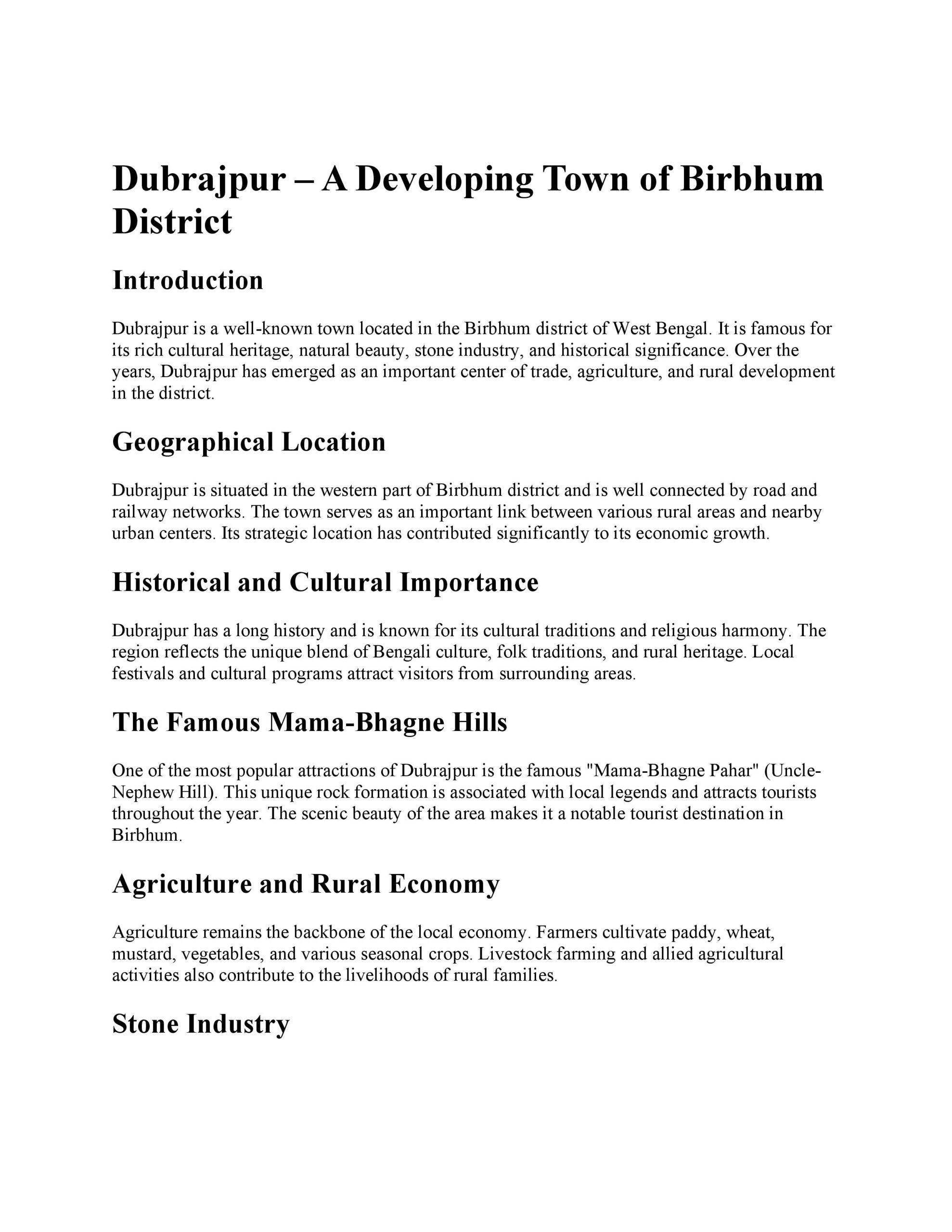 Dubrajpur: A Town of Cultural Heritage, Agriculture and Industry in Birbhum